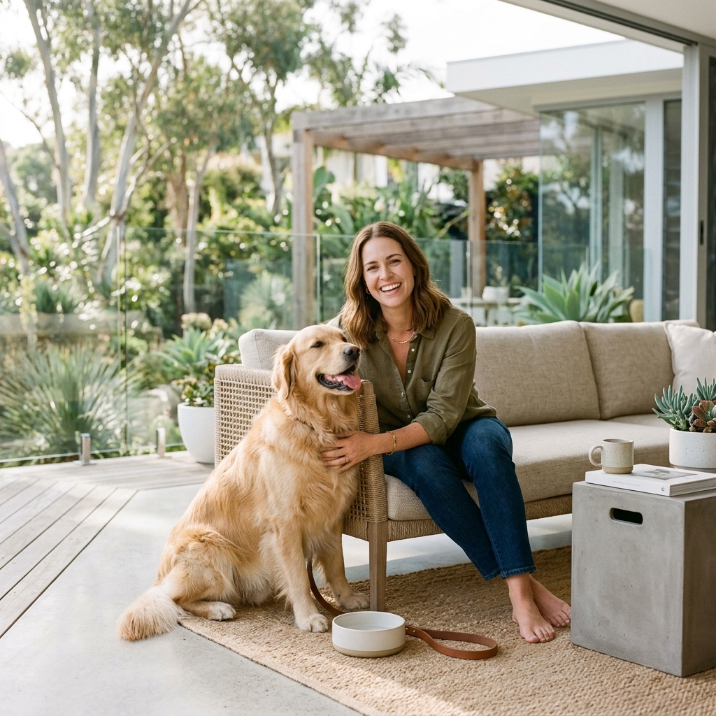 Happy pet owner with Golden Retriever dog