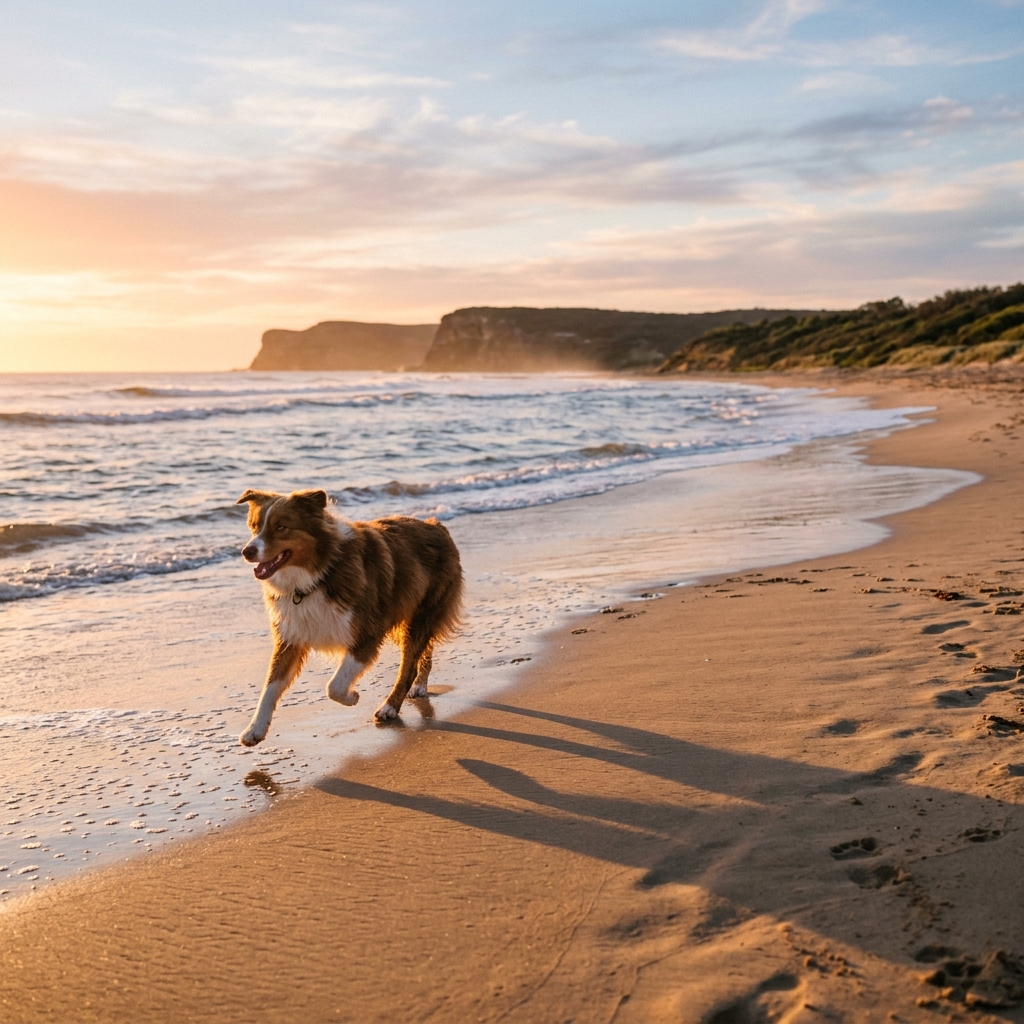 Dog running on beach at sunrise